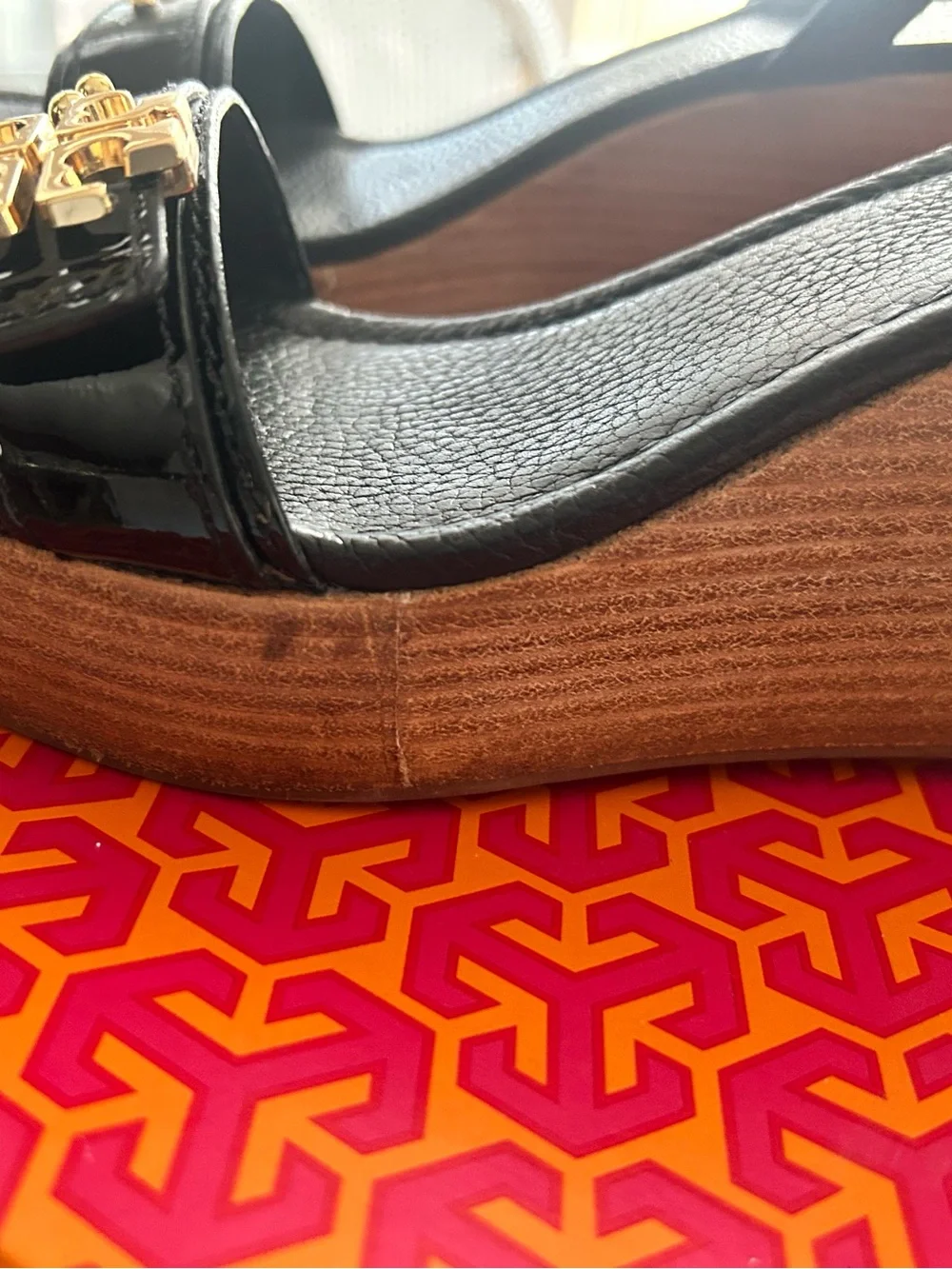 Tory Burch Black Patent Leather Wedge Sandals with Gold Logo